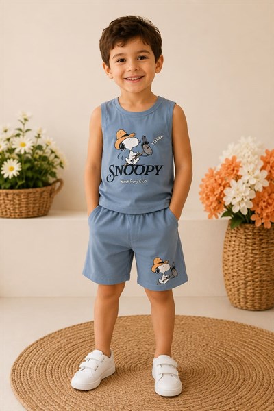 Snoopy Baskılı Erkek Çocuk Şortlu Takım (%100 Pamuk) (3-4/4-5/5-6/7-8/9-10 Yaş)