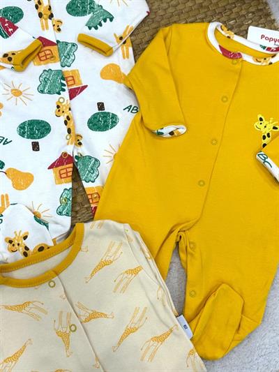 ABC Dino Zürafa Baskılı Uniseks Bebek 3lü Patikli Tulum (0-3/3-6/6-9 Ay)