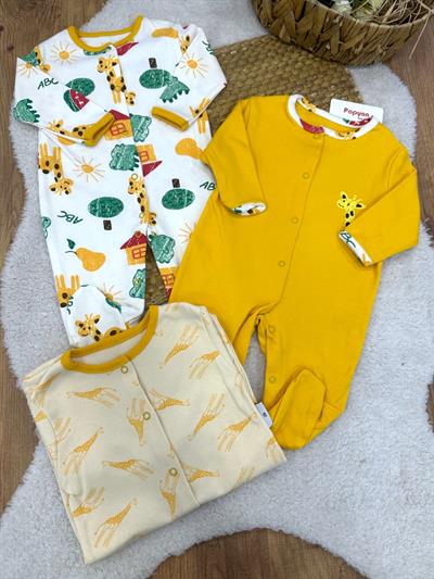 ABC Dino Zürafa Baskılı Uniseks Bebek 3lü Patikli Tulum (0-3/3-6/6-9 Ay)