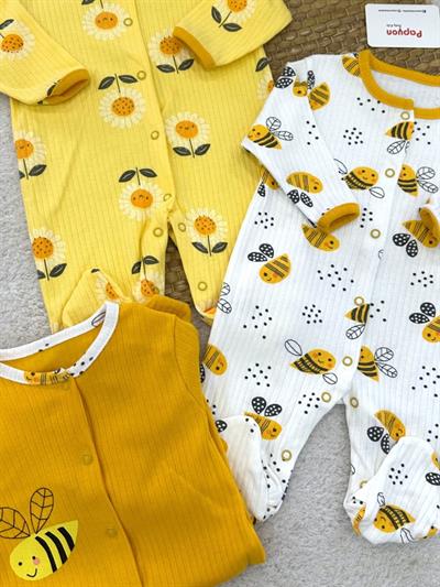 Arı Papatya Desenli Fitilli Uniseks Bebek 3lü Patikli Tulum (0-3/3-6/6-9 Ay)