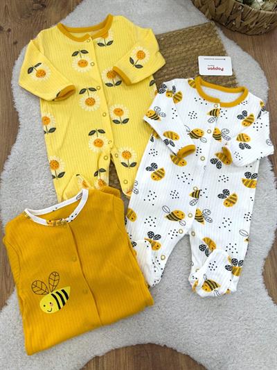 Arı Papatya Desenli Fitilli Uniseks Bebek 3lü Patikli Tulum (0-3/3-6/6-9 Ay)