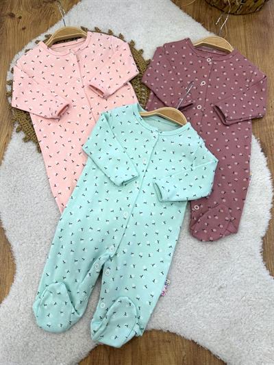 Çiçek Baskılı Kız Bebek 3lü Patikli Tulum Set 0-3/3-6/6-9 Ay