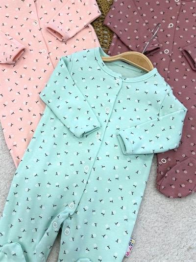 Çiçek Baskılı Kız Bebek 3lü Patikli Tulum Set 0-3/3-6/6-9 Ay