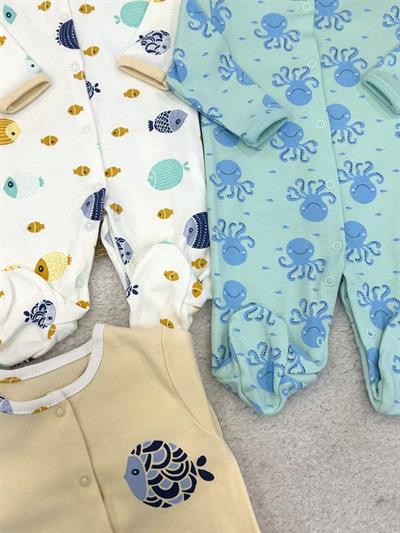 Deniz Canlıları Uniseks Bebek Patikli 3lü Tulum Set (0-3/3-6/6-9 Ay)