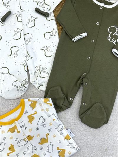 Dinozor Baskılı Erkek Bebek 3lü Patikli Tulum Set (0-3/3-6/6-9 Ay)