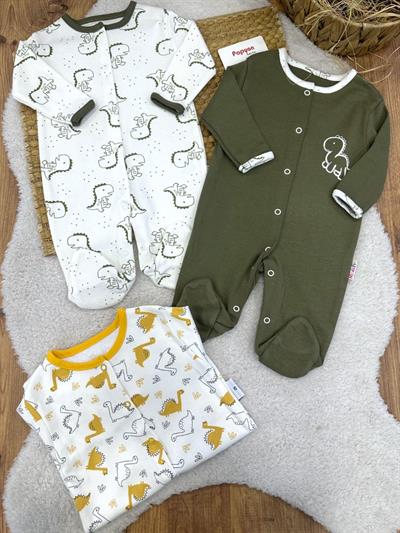 Dinozor Baskılı Erkek Bebek 3lü Patikli Tulum Set (0-3/3-6/6-9 Ay)