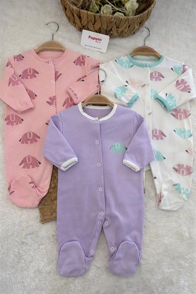 Fil Baskılı Kız Bebek 3lü Patikli Tulum Set 0-3/3-6/6-9 Ay