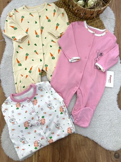 Havuçlu Tavşan Baskılı Uniseks Bebek 3lü Patikli Tulum (0-3/3-6/6-9 Ay)