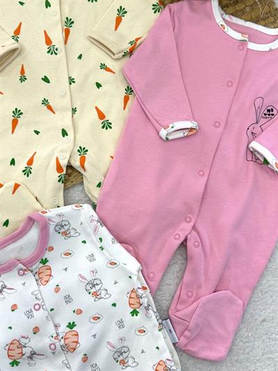 Havuçlu Tavşan Baskılı Uniseks Bebek 3lü Patikli Tulum (0-3/3-6/6-9 Ay)