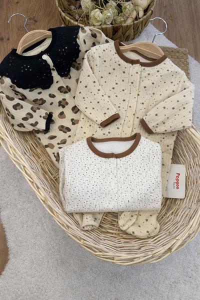 Leopar Yıldız Kalp Desenli Kız Bebek Patikli 3lü Tulum Set (0-3/3-6/6-9 Ay)