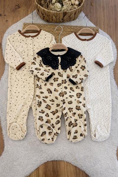 Leopar Yıldız Kalp Desenli Kız Bebek Patikli 3lü Tulum Set (0-3/3-6/6-9 Ay)