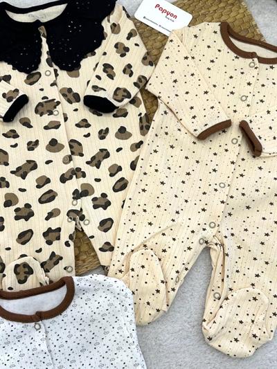 Leopar Yıldız Kalp Desenli Kız Bebek Patikli 3lü Tulum Set (0-3/3-6/6-9 Ay)