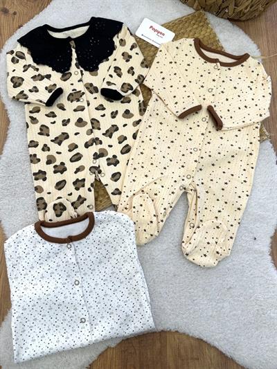 Leopar Yıldız Kalp Desenli Kız Bebek Patikli 3lü Tulum Set (0-3/3-6/6-9 Ay)
