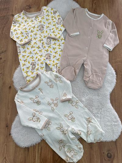 Yaprak Tavşan Baskılı Uniseks Bebek 3lü Patikli Tulum Set 0-3/3-6/6-9 Ay