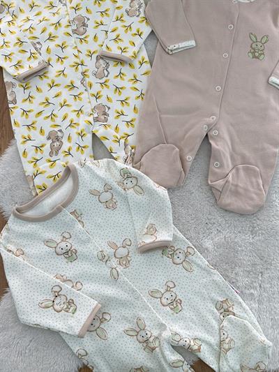 Yaprak Tavşan Baskılı Uniseks Bebek 3lü Patikli Tulum Set 0-3/3-6/6-9 Ay