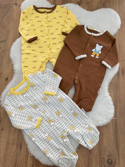 Yazılı Ayı Baskılı Erkek Bebek 3lü Patikli Tulum 0-3/3-6/6-9 Ay