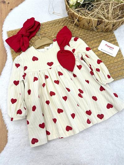 Büyük Kalp Baskılı Fitilli Bandanalı Bebek Elbise (6-9/9-12/12-18 Ay)