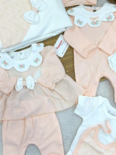 Çiçek Nakışlı Güpürlü Fiyonklu Yenidoğan Kız Bebek Tulumlu 10lu Zıbın Set Hastane Çıkışı