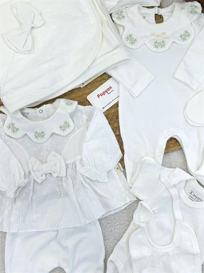 Çiçek Nakışlı Güpürlü Fiyonklu Yenidoğan Kız Bebek Tulumlu 10lu Zıbın Set Hastane Çıkışı