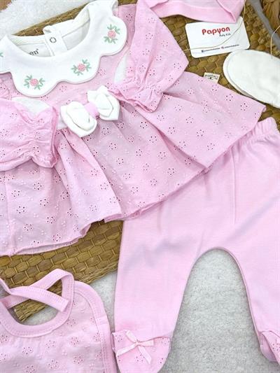 Çiçek Nakışlı Güpürlü Yenidoğan Kız Bebek 5li Zıbın Set Hastane Çıkışı