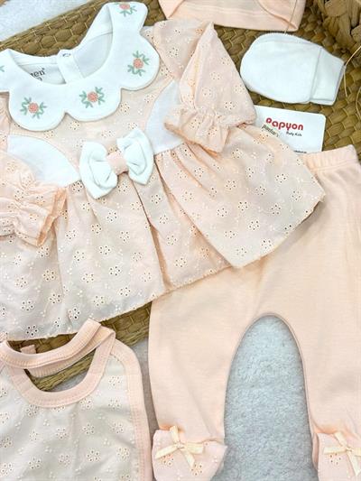 Çiçek Nakışlı Güpürlü Yenidoğan Kız Bebek 5li Zıbın Set Hastane Çıkışı