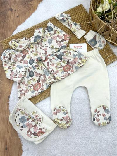 Gold Serisi Çiçek Desenli Yenidoğan Kız Bebek 5li Zıbın Set Hastane Çıkışı