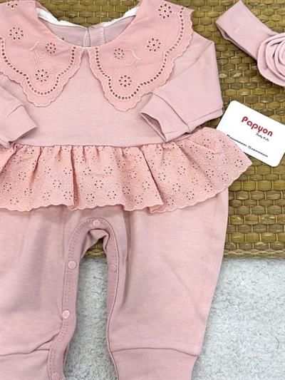 Güpürlü Yakalı Fırfırlı Kız Bebek Manşetli Tulum (0-3/3-6/6-9 Ay)