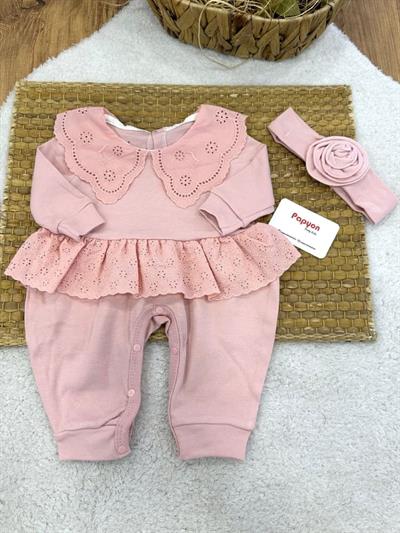 Güpürlü Yakalı Fırfırlı Kız Bebek Manşetli Tulum (0-3/3-6/6-9 Ay)