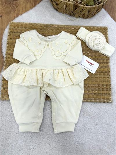 Güpürlü Yakalı Fırfırlı Kız Bebek Manşetli Tulum (0-3/3-6/6-9 Ay)