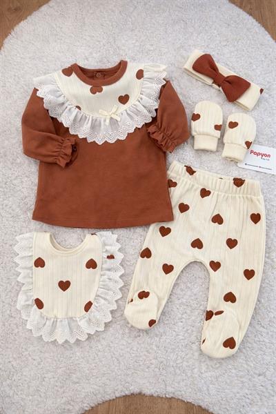 Kalp Desenli Güpürlü Yenidoğan Kız Bebek 5li Zıbın Set