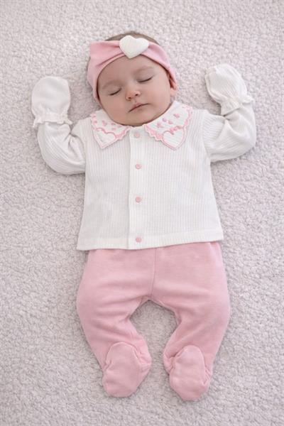 Kalp Nakışlı Fitilli Yenidoğan Kız Bebek 5li Zıbın Set