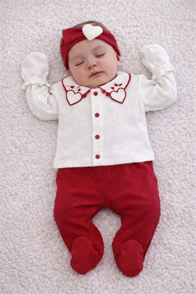 Kalp Nakışlı Fitilli Yenidoğan Kız Bebek 5li Zıbın Set