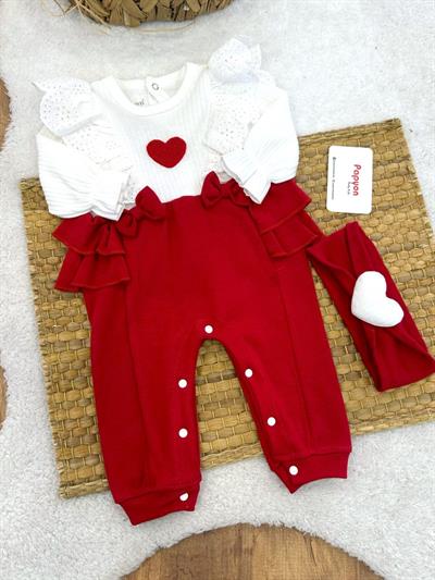 Lottie Süzene Kalpli Güpürlü Fırfırlı Kız Bebek Tulum Bandana Set (0-3/3-6/6-9 Ay)