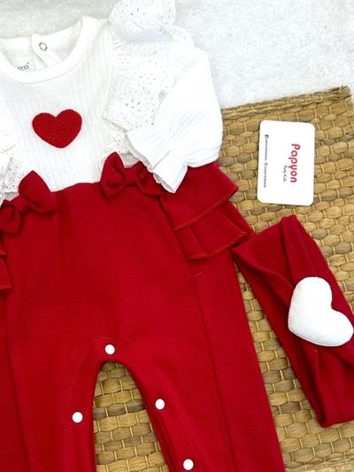Lottie Süzene Kalpli Güpürlü Fırfırlı Kız Bebek Tulum Bandana Set (0-3/3-6/6-9 Ay)