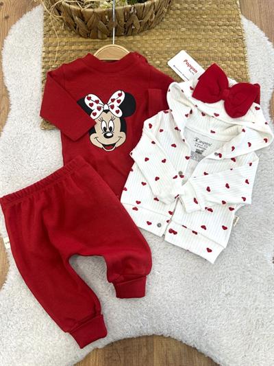 Minnie Mouse Kalpli Hırkalı Kız Bebek 3lü Takım 0-3/3-6/6-9 Ay
