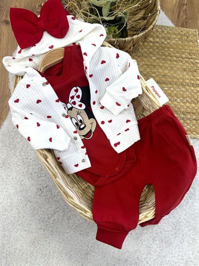 Minnie Mouse Kalpli Hırkalı Kız Bebek 3lü Takım 0-3/3-6/6-9 Ay