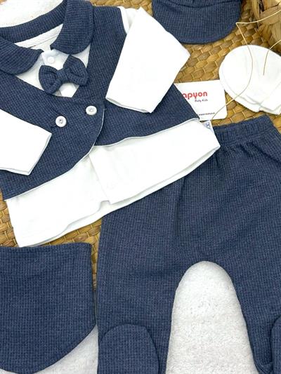 Papyonlu Sahte Yelekli Yenidoğan Erkek Bebek 5li Zıbın Set Hastane Çıkışı