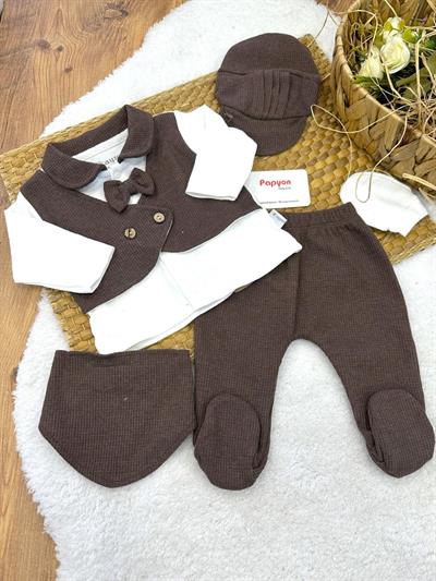 Papyonlu Sahte Yelekli Yenidoğan Erkek Bebek 5li Zıbın Set Hastane Çıkışı