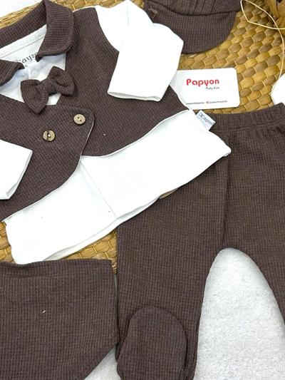 Papyonlu Sahte Yelekli Yenidoğan Erkek Bebek 5li Zıbın Set Hastane Çıkışı