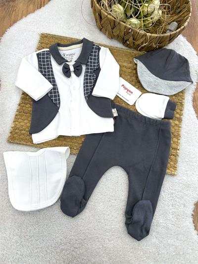 Papyonlu Smokin Model Yenidoğan Erkek Bebek 5li Zıbın Set Hastane Çıkışı