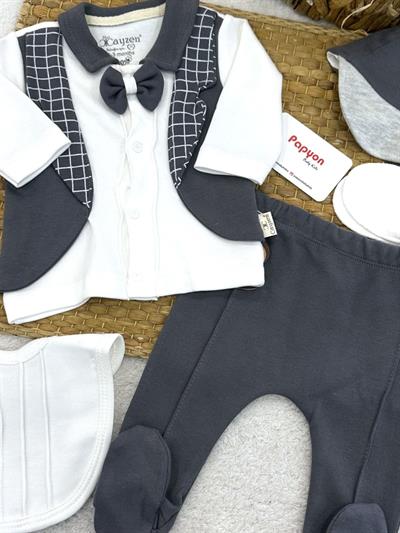 Papyonlu Smokin Model Yenidoğan Erkek Bebek 5li Zıbın Set Hastane Çıkışı