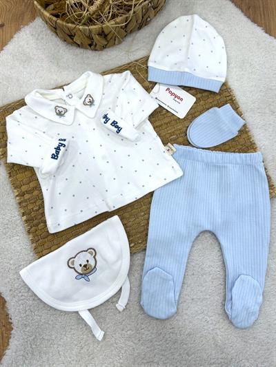 Yaka Ayıcık Nakışlı Puanlı Yenidoğan Erkek Bebek 5li Zıbın Set