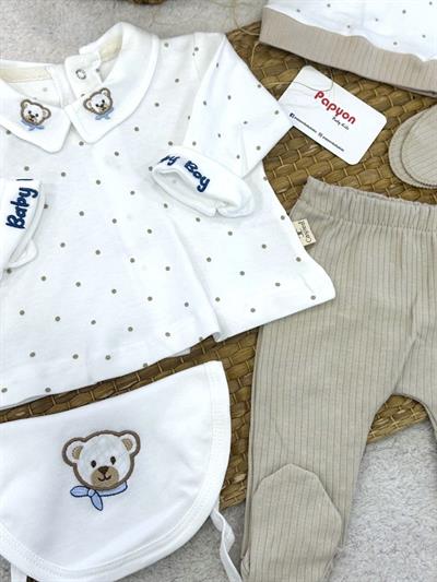 Yaka Ayıcık Nakışlı Puanlı Yenidoğan Erkek Bebek 5li Zıbın Set