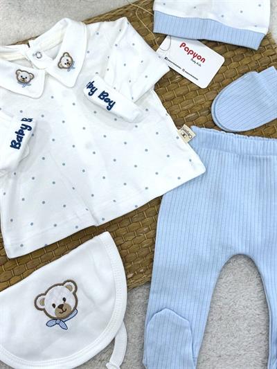 Yaka Ayıcık Nakışlı Puanlı Yenidoğan Erkek Bebek 5li Zıbın Set