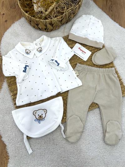 Yaka Ayıcık Nakışlı Puanlı Yenidoğan Erkek Bebek 5li Zıbın Set