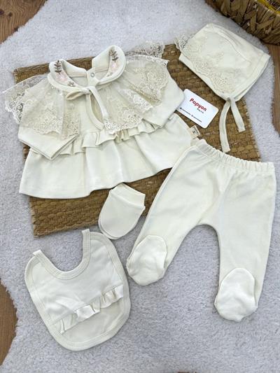 Yaka Çiçek Nakışlı Dantelli Fırfırlı Yenidoğan Kız Bebek 5li Zıbın Set