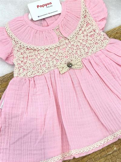 Dantel İşlemeli Fiyonklu Kız Bebek Müslin Elbise (6-9/9-12/12-18 Ay)