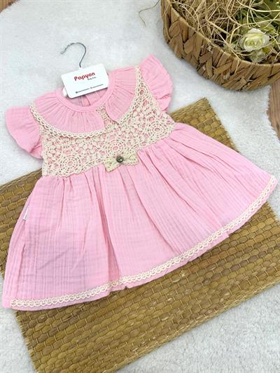 Dantel İşlemeli Fiyonklu Kız Bebek Müslin Elbise (6-9/9-12/12-18 Ay)