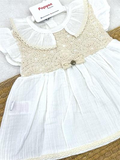 Dantel İşlemeli Fiyonklu Kız Bebek Müslin Elbise (6-9/9-12/12-18 Ay)