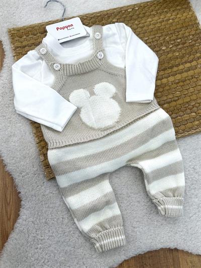 Çizgili Mickey Triko Salopetli Badili Uniseks Bebek Takım (3-6/6-9/9-12 Ay)